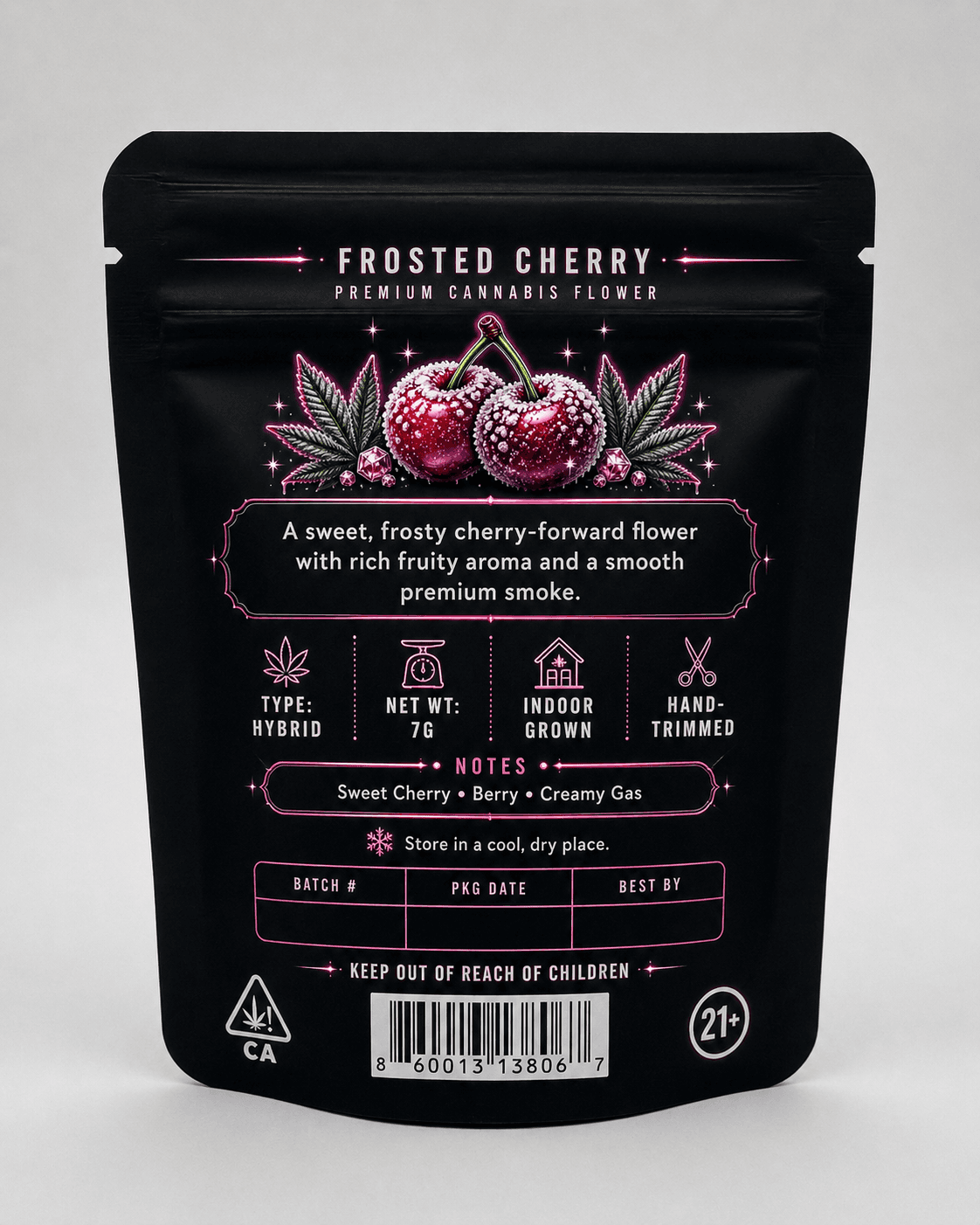 Frosted Cherry mylar pouch — back face artwork