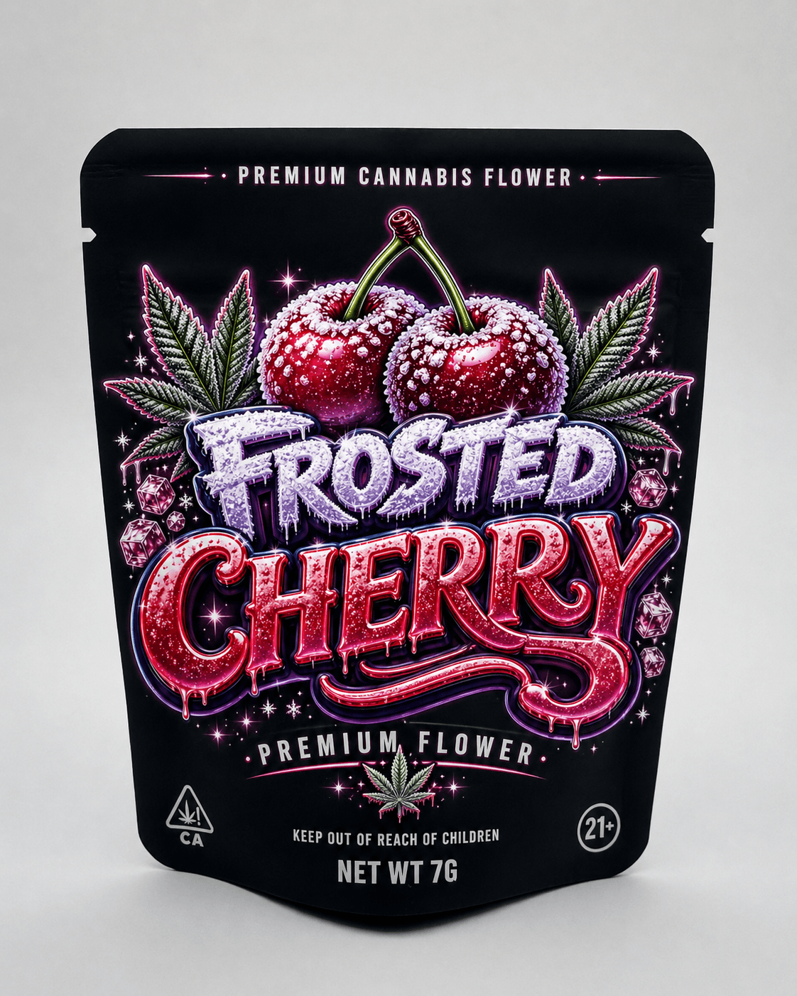 Frosted Cherry mylar pouch — front face artwork