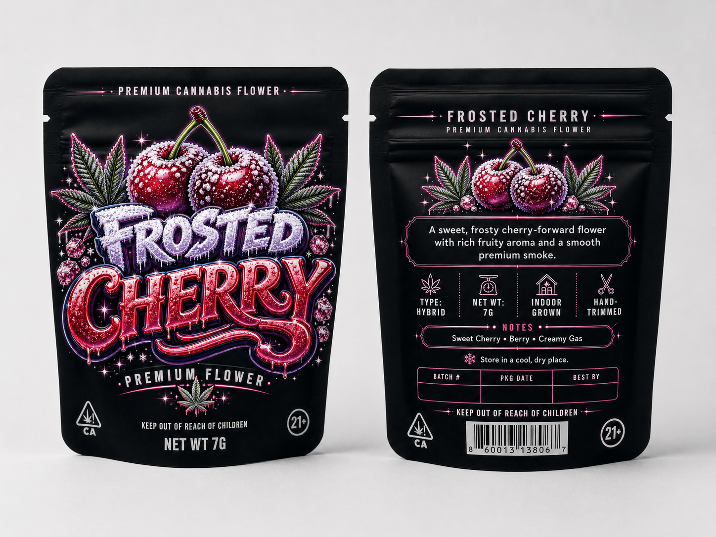 Frosted Cherry mylar pouch — front and back layout